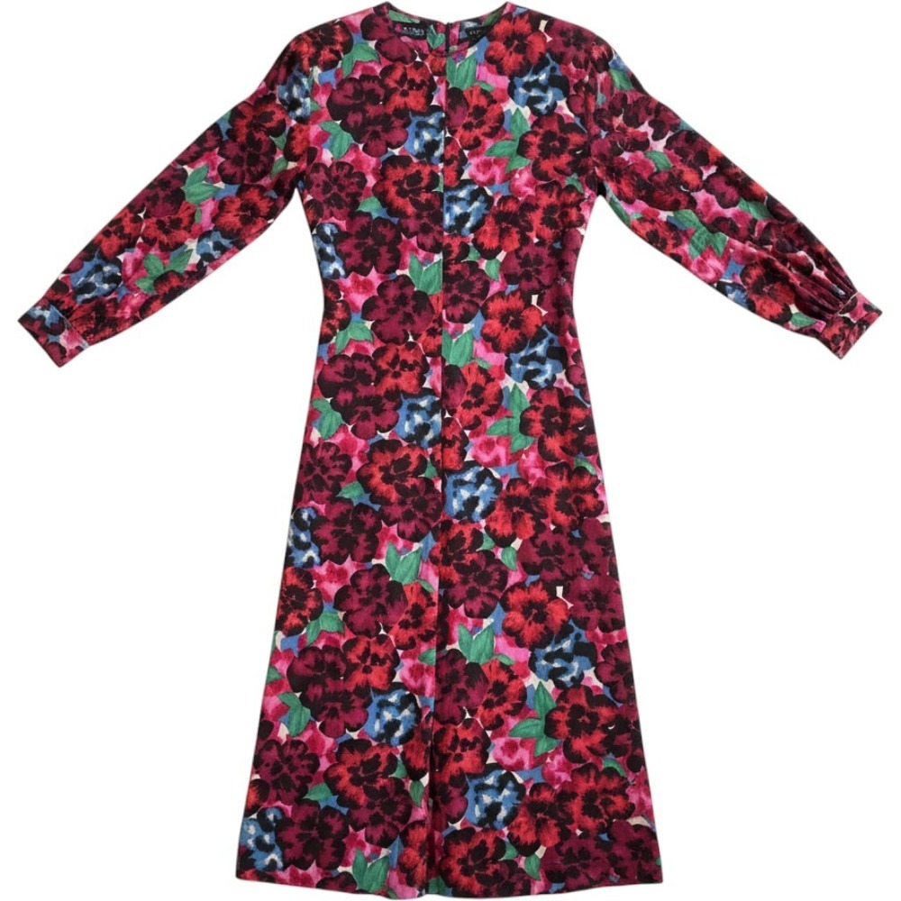 Frangoise VTG Floral Midi Dress S‎ Red Blue Puff Sleeve Zipper Cuff Whimsigoth